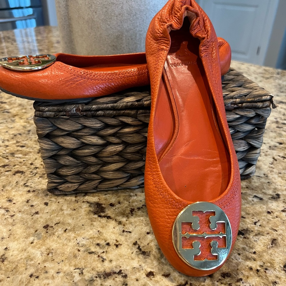 Tory Burch Vibrant Orange Flats with Logo Detail